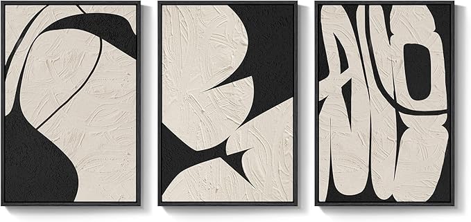 Large Framed Neutral Abstract Wall Art for Living Room, 3 Piece Black and Beige Modern Canvas Prints Paintings Artwork for Walls, Minimalist Abstract Pictures for Hallway, Office Wall Decor 24x36 In