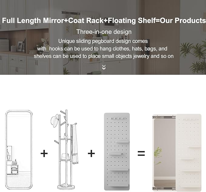 KungFuWood Full Length Mirror with Shelf and Hooks,Entry Way Mirrors for Wall,Wall Mirror with Shelf,Wall Mirror with Storage Multifunctional Design Panel,Living Room