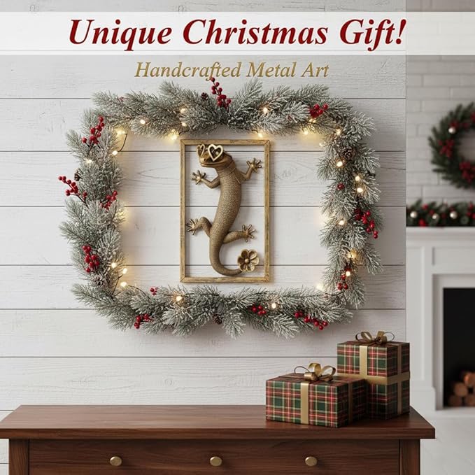 Newinhome Animal Heads Wall Decor (Includes Metal Frame) Resin Animals Sculptures Head Wall Hanging Decoration Gold vintage Wall Sculpture for Living Room Bedroom Office(Lizard)