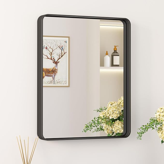 Keonjinn Black Bathroom Mirror for Over Sink, 16 x 20 Inch Rounded Rectangle Bathroom Vanity Mirror, Matte Black Farmhouse Mirror for Wall, HD Tempered Glass, Seamless Aluminum Alloy Frame Mirror