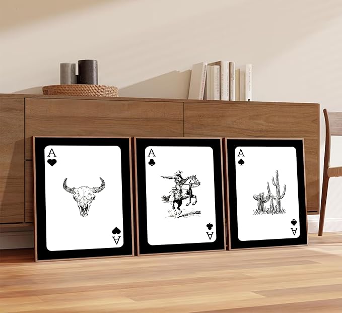 3Pcs Western Cowboy Wall Art Rustic Southwestern Style Poster Printing Vintage Western Poker Ace Paintings Cowboy Horse Bull Skull Cactus Pictures for Bedroom Living Room Bathroom 16x24in Unframed