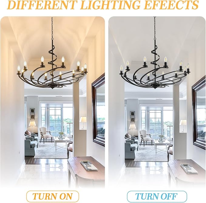 Black Chandelier, 12-Light Farmhouse Chandeliers for Dining Room, Rustic Kitchen Island Lighting, Modern Chandelier for Living Room, Hanging Pendant Lights for Bedroom, Foyer, Staircase, Entry