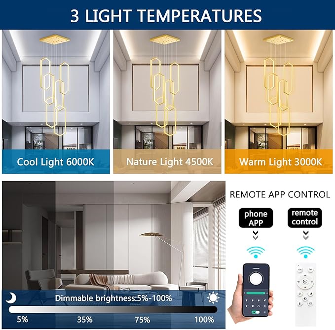 6 Rings Modern Chandelier LED Dimmable Pendant Lighting Adjust Flush Mount Ceiling Light for Foyer Lobby Living Room Staircaes Gold