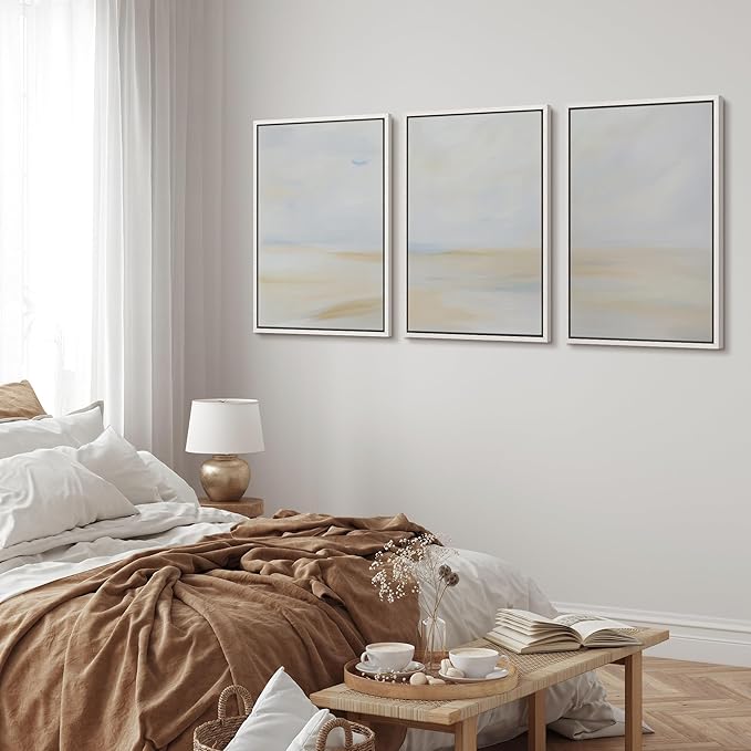 MUDECOR Framed Wall Art Print Set Minimalist Coastal Horizon in Soft Blue and Sand Colors Illustrations Modern Art Boho Decorative Chic for Living Room, Bedroom, Office - 24"x36"x3 White