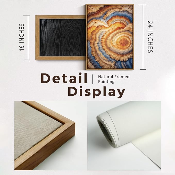 BingruiArt Framed Tree Ring Canvas Wall Art Abstract Wood Wall Decor Boho Modern Colorful Nature Painting Wood Stump Prints Pictures for Living Room Bedroom Bathroom Office 16"x24" Natural Framed(09)