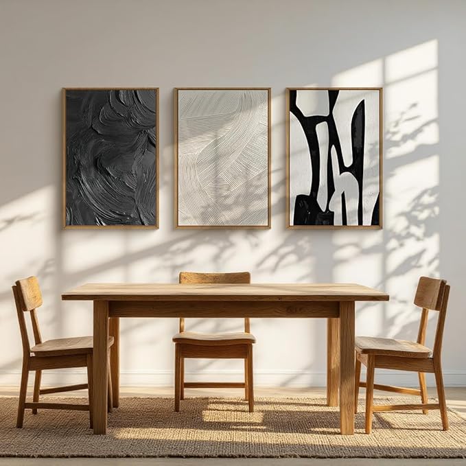 Black and White Abstract Framed Canvas Wall Art Set, Modern Textured Brushstroke Wall Decor,Neutral Minimalist Line Art Print for Living Room,Bedroom,Dining Room, Office-24 x36 x3