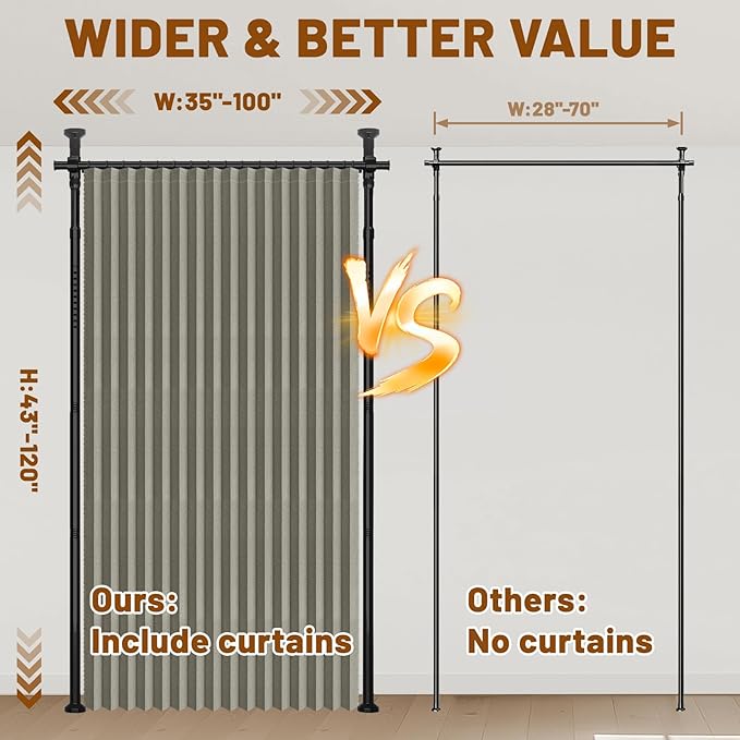 AJAZZ Privacy Curtains for Room Divider with Blackout & Soundproof (Grey, W100 x L96 in, 1 Panel)+ No Drill Curtain Rods(H) 43-120×(W) 35-100 in, Wall Divider for Bedroom/Studio/Office Curtain