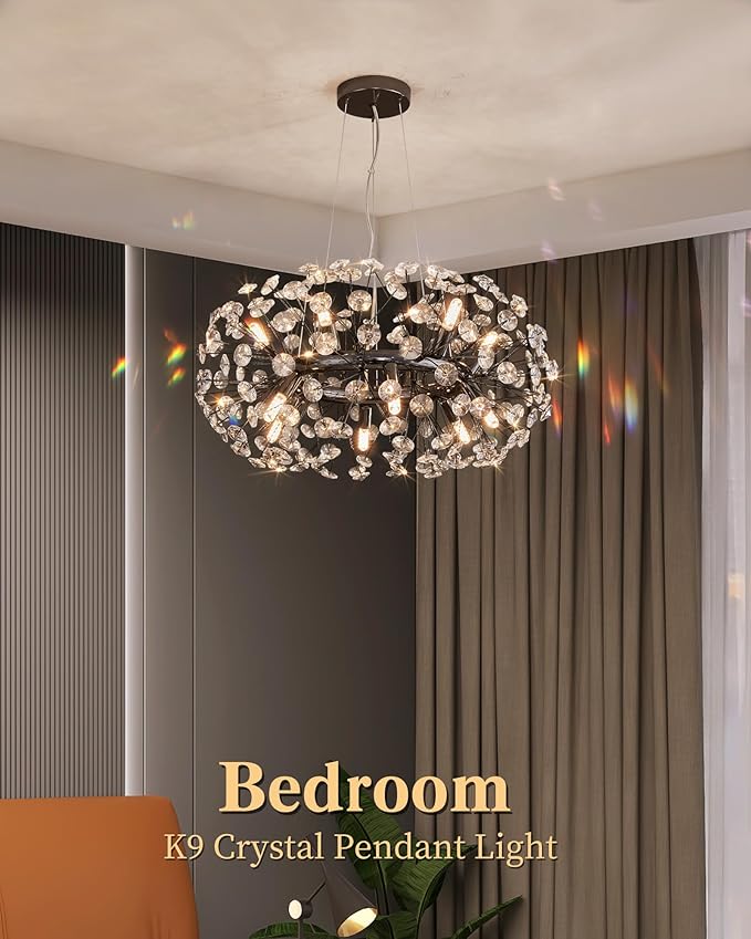 Modern Firework Chandelier, Farmhouse Black Crystal Round Dandelion Sputnik Chandeliers, 23.62" Contemporary 12-Light Pendant Hanging Lighting for Dining Room Kitchen Bedroom Living Room