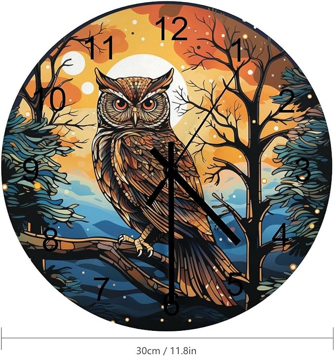 Moon Owl Round Wall Clock, Watercolor Cartoon Scene Bird Animal Black and White Art Print Children's Living Room Bedroom Kitchen Wooden Silent Wall Clock 12x12INCH