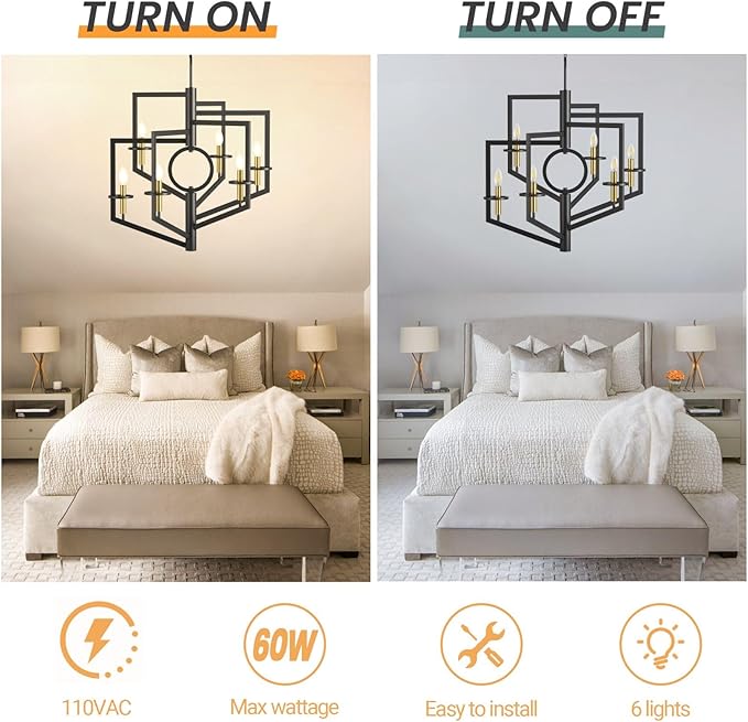 Black and Gold Chandelier, 6-Light Dining Room Light Fixture, Farmhouse Kitchen Island Lighting, Modern Foyer Lighting Fixtures, Foyer Chandeliers for High Ceilings, for Staircase, Entryway