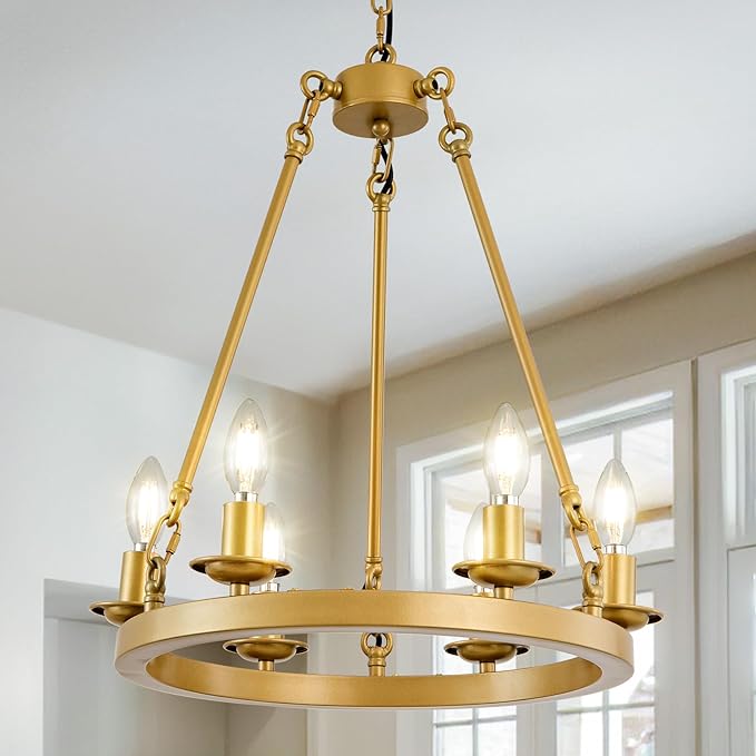 6-Light Gold Wagon Wheel Chandelier, Modern Farmhouse Chandelier Rustic Industrial Round Small Wagon Wheel Light for Dining Room, Kitchen, Bedroom, Living Room,Entryways