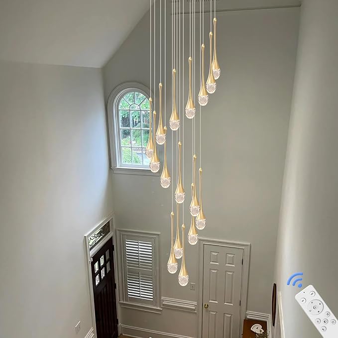 120'' Long Spiral Crystal Chandeliers 16-Lights Gold Bubble Raindrop Crystal Pendant Chandelier Staircase Slanted Ceiling Loft Fixtures LED Dimmable 2700-6000K