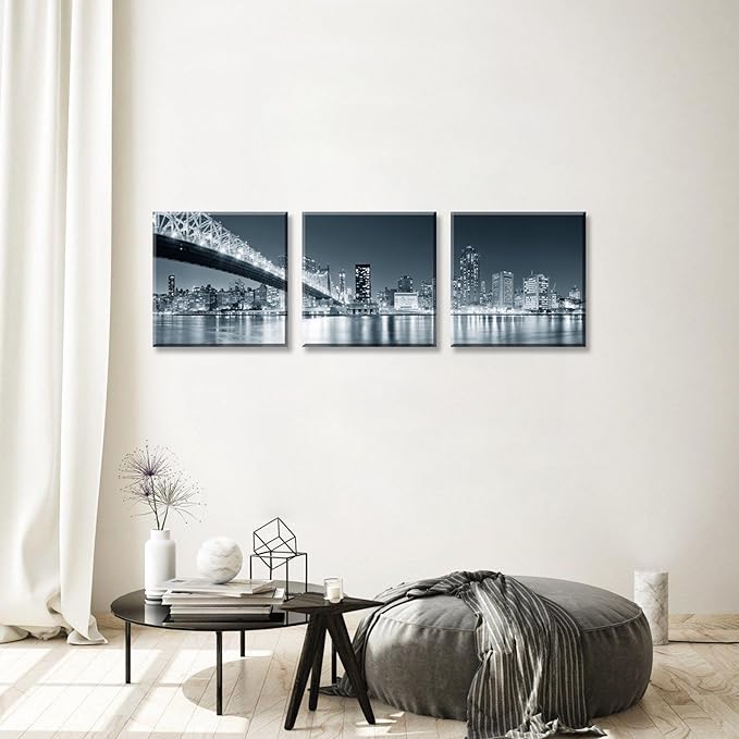 New York City Skyline Panoramic Canvas Art Black and White Brooklyn Bridge Night Scene 3 Panel Modern Urban Landscape Wall Decor Skyscrapers Reflection Print Living Room Office Bedroom Home Decoration