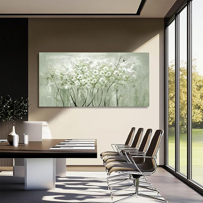 MLART99 Modern Artwork Wall Decor White Flowers Picture Art 24"x48" Plant Wall Art Decorations for Living Room Office