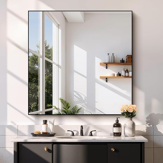 Black Bathroom Mirror for Wall, 39x39 Inch Rectangle with Metal Frame, Square Modern Vanity for Bathroom Living Room, Entryway Hangs Horizontal or Vertical
