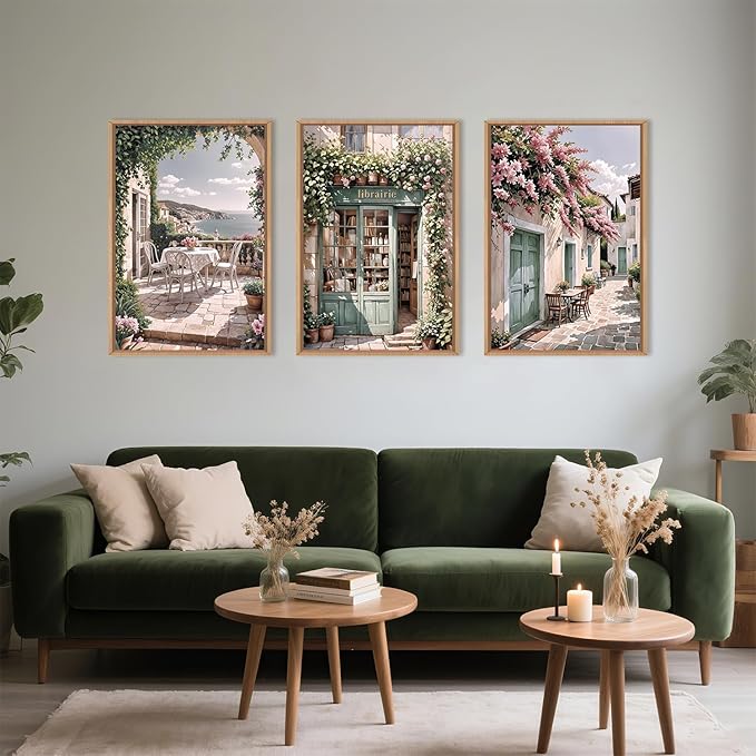 Modern French Flower Street Framed Canvas Wall Art Set,Romantic Green Landscape Wall Decor,Vintage Mediterranean Bookstore Neutral Coast Cityscape Artwork for Living Room, Bedroom-24 x36 x3