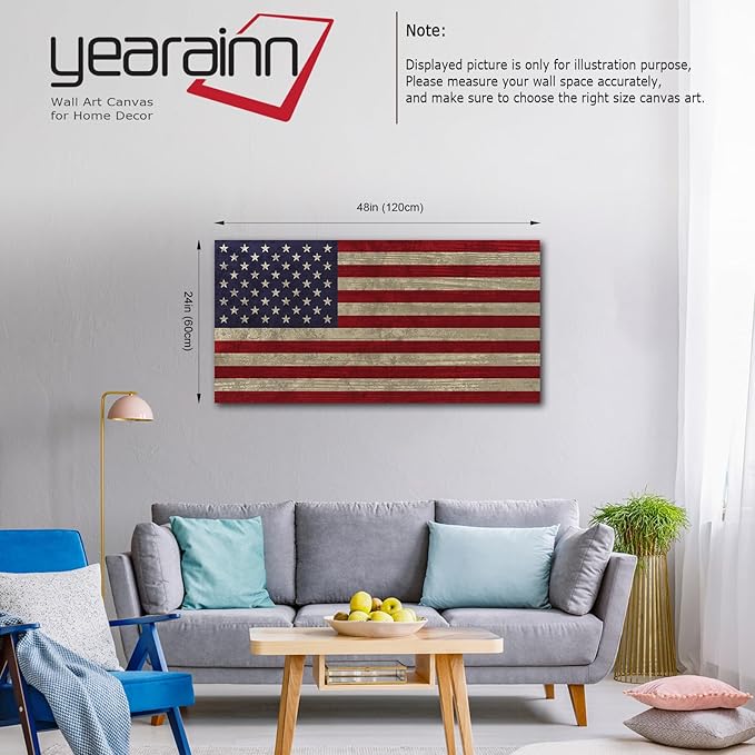 Canvas Wall Art Vintage Flag The Stars and The Stripes Contemporary Artwork Retro Rustic American National Flag Picture for Living Room Bedroom Office Wall Decor Large Canvas Painting Prints 24" x 48"