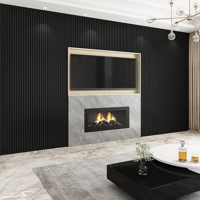 8-Pack WPC Wall Panels 108’’ x 6.1’’ 3D Slat Wall Panel Acoustic Wall Paneling for Interior Wall Decor TV Background Kitchen Bedroom Black
