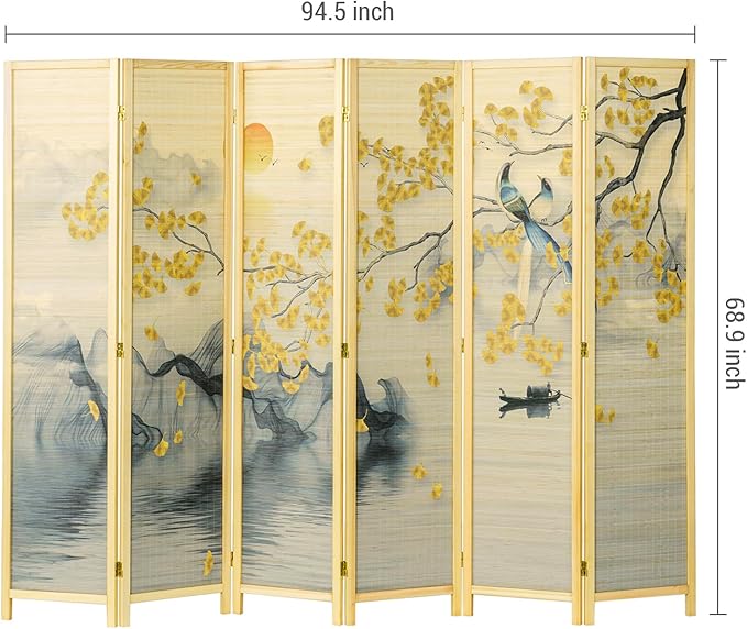 MyGift 6 Panel Large Bamboo Room Divider with Dual Sided Asian Birds Gingko Biloba Tree Sunset Design Print, 6FT Freestanding Artwork Privacy Partition Folding Screen with Beige Solid Wood Frame
