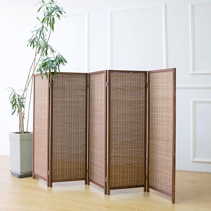 5 Panel Room Divider Short Folding Screen Divider,Double Sided Bamboo Panel Divider for Room Separation,Brown,47.2" H x 76.75" W