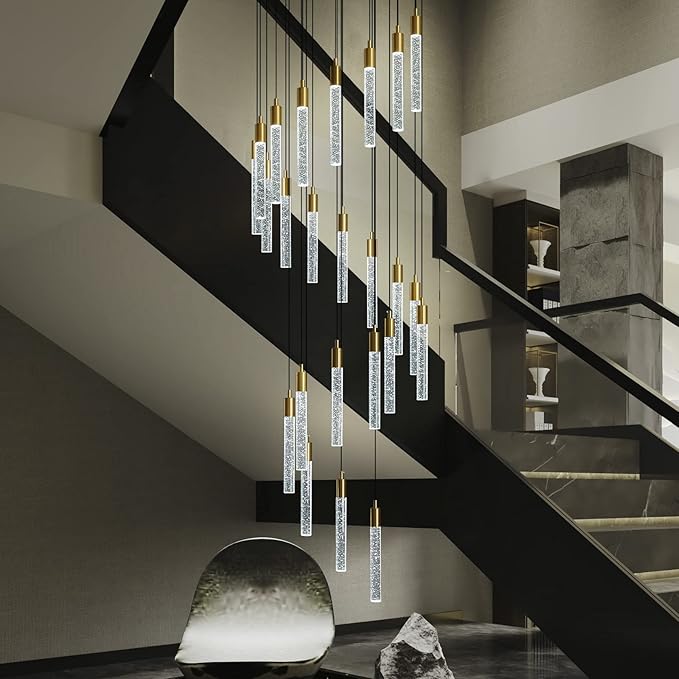 24-Light Modern Living Room Chandelier Gold Brass Finish Crystal Ceiling Pendant Lights LED Dimmable 144W 6000K Staircase Large Chandeliers for Entryway Lobby Foyer High Ceiling Chandeliers