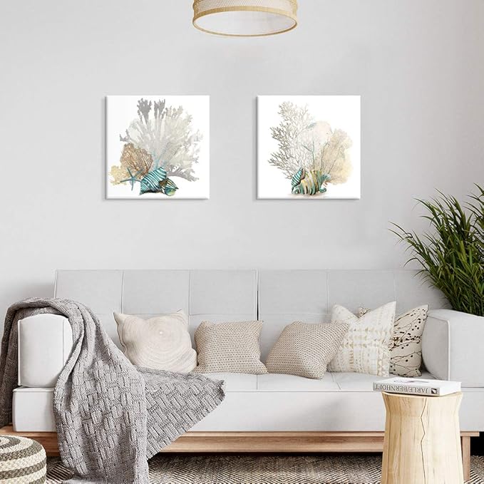 JAPO ART White Coral Wall Art Beach Bathroom Decor Sea Shell Pictures Coastal Wall Decor Sea Fan Nautical Painting Ocean wall art for Livingroom Bedroom Home Walls 20x20Inchx2pcs