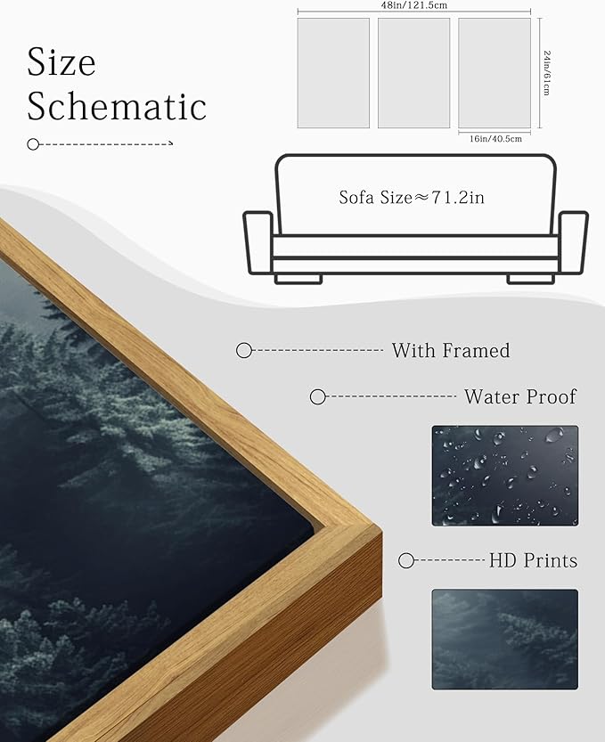 KUVIOKE Blue Fog Pine Tree Framed Wall Art Nature Nordic Forests Artwork Morden Painting Home Decor 16x24in (Natural Framed)