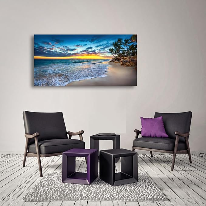 Beach Sunset Pictures Canvas Wall Art For Living Room Bedroom Wall Decor,Sunset Wall Art Print Paitnings for Home Decor,Morden Artwork Palm Coconut Tree Canvas Art Ready to Hang-24x48 Inches