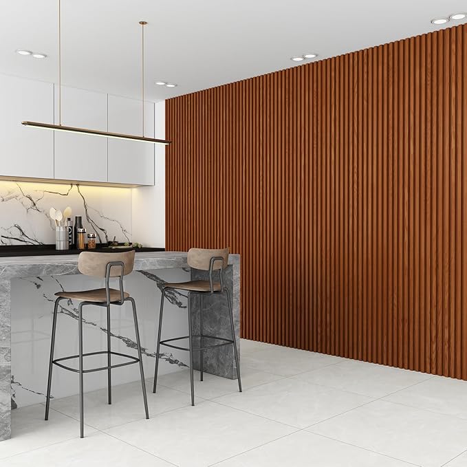 8-Pack WPC Wall Panels 108’’ x 6.1’’ 3D Slat Wall Panel Acoustic Wall Paneling for Interior Wall Decor TV Background Kitchen Bedroom Teak