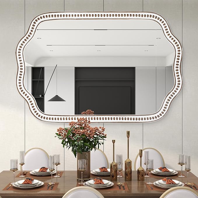 24x36 Inch Wooden Scalloped Farmhouse Mirror for Wall Decor, Rustic Decorative Mirrors for Living Room, Bedroom, Entryway, Bathroom Over Sink - Horizontal/Vertical Mount