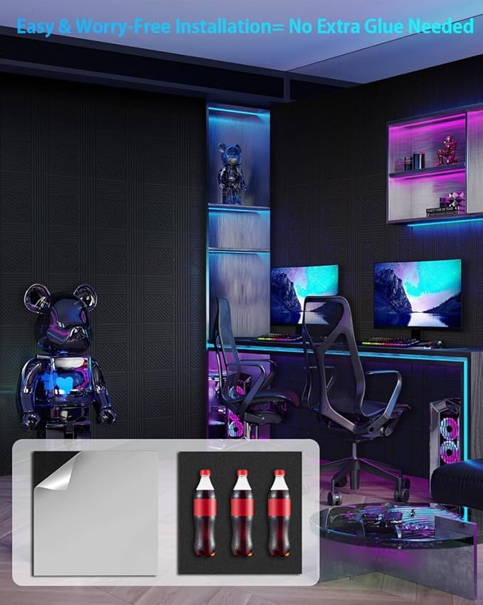 12 Pack Acoustic Wall Panels Self-Adhesive, 12" X 12" X 0.5" Decorative Acoustic Panels, Soundproof Wall Panels for Studio, Home & Living Room, Polyester - Rectangle Black