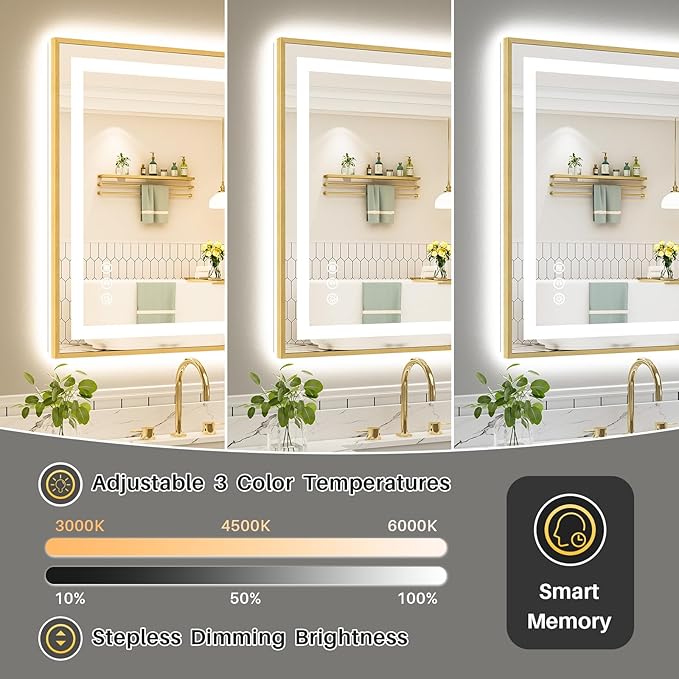 40x36 Inch LED Bathroom Mirror with Gold Frame, Backlit & Front Lit, Anti-Fog Lighted Bathroom Vanity Mirror for Wall, Memory Function, Dimmable, HD Tempered Glass, Shatter-Proof