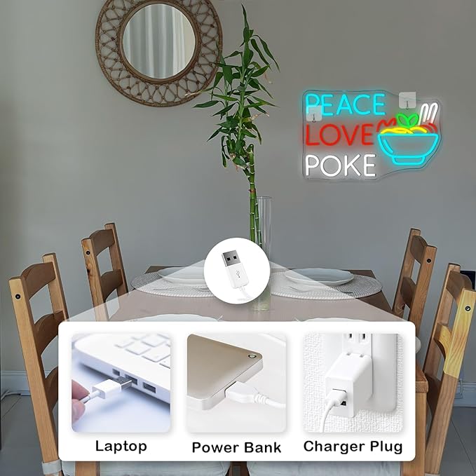Looklight Peace Love Poke Ramen Neon Sign,Noodles Led Lights Neon Lights for Wall Decor Light Up Signs for Restaurant Kitchen Dinning Room Japanese Noodle Shop