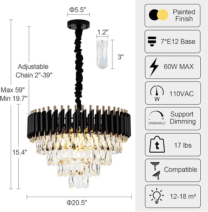 20.5" 7-Light Modern Crystal Chandelier Light Fixtures 4-Tier Black Gold Luxury Chandeliers for Dining Room Round Hanging Pendant Lighting for Living Room Kitchen Entryway Bedroom Hallway