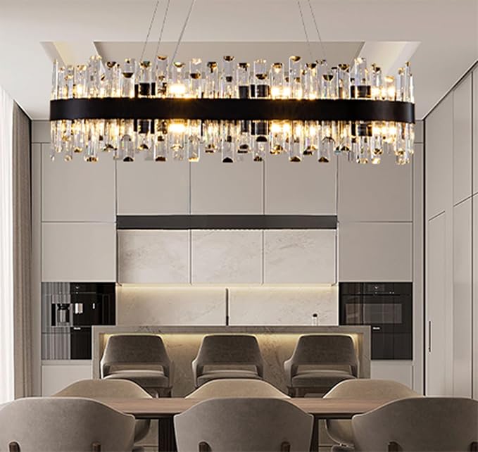 Chandelier for Dining Room, L35.4 Black Rectangle Crystal Chandelier Over Table, Modern 16-Light Large Crystal Chandeliers Ceiling Light, Pendant Light Fixture for Kitchen Island Living Room
