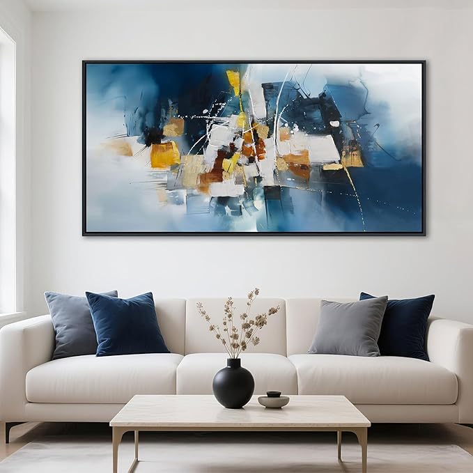 Abstract Canvas Wall Art Navy Blue Wall Art for Living Room Framed Modern Artwork for Walls, Above Bed Wall Decor Navy and Gold for Bedroom and Living Room Office Pictures Wall Decor 24×48IN