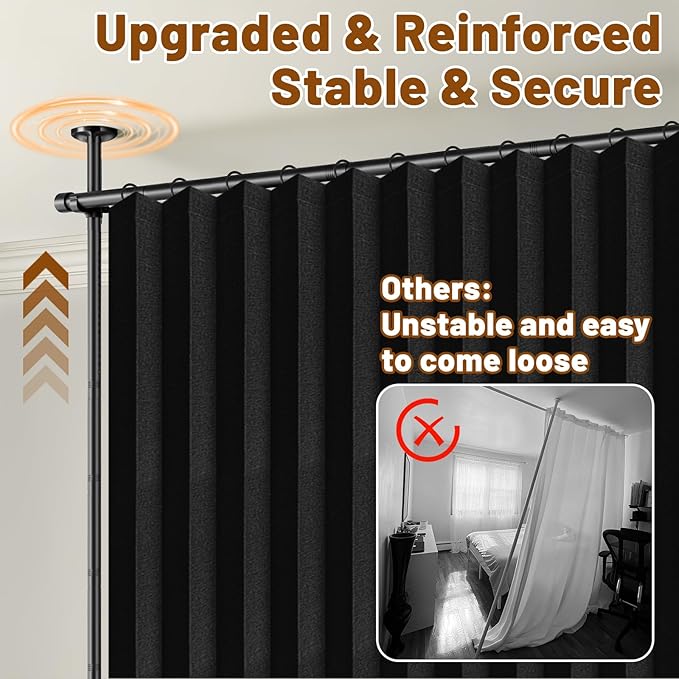 AJAZZ Room Divider Curtain (Black, W100 x L96 in, 1 Panel)+ Tension Curtain Rod No Drilling (H) 43-120×(W) 35-100 in, for Privacy/Soundproof Curtains, Heavy Duty Wall Separator