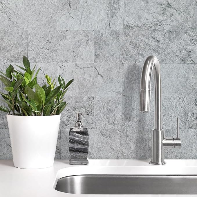 AULIGET 2-Piece Light Slate Peel and Stick Backsplash Wall Tiles, 6" x 12" PVC Faux Stone Stick on Tiles for Backsplash Kitchen, Bathroom, Laundry Room, Camper, Fireplace