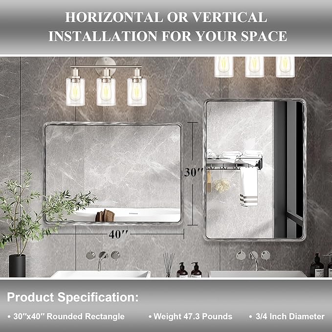 ANDY STAR Hand-Forged Silver Bathroom Mirrors for Wall, 30x40 Inch Vintage Solid Steel Metal Frame Bathroom Vanity Mirror, Antique Rounded Rectangle Wall Mirror, Hangs Horizontally or Vertically