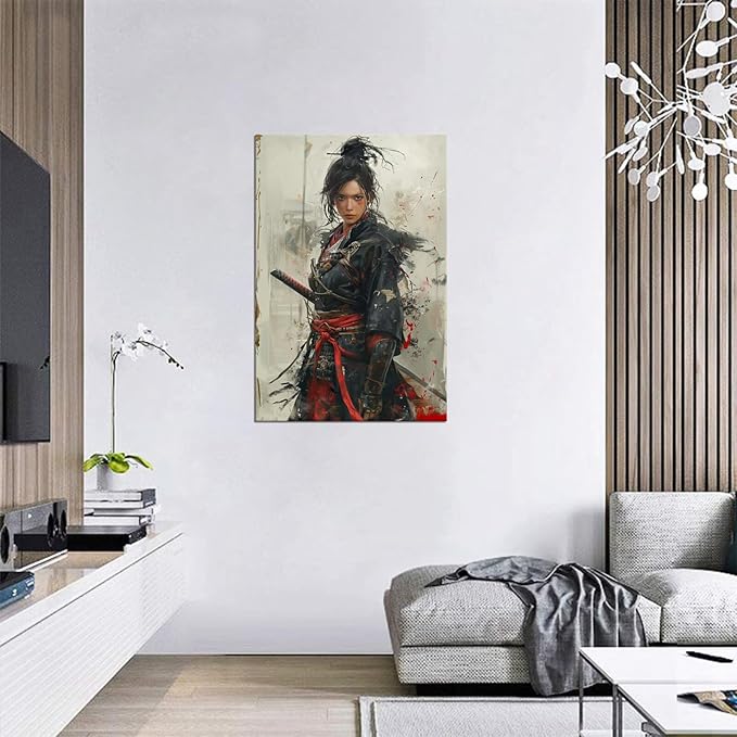 Japanese Female Samurai Wall Art Woman Fight Painting Canvas Prints Warrior Figure Pictures Bushido Posters Japanese Culture Theme Artwork for Bedroom Living Room Decor (12''W x 16''H)
