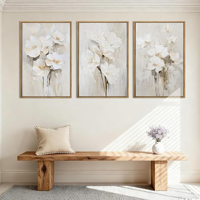 Anyzal Framed Beige Floral Wall Art Neutral Flower Wall Decor for Living Room Bedroom Dining Room 16x24 Inch Set of 3