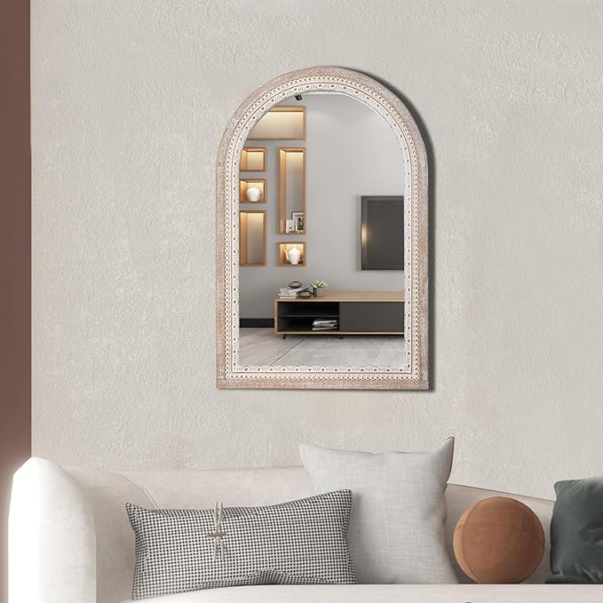 36x24'' Farmhouse Arched Decorative Wall Mirror, Farmhouse Wooden Mirrors with Beaded for Living Room, Hallway, Bathroom, Entryway - Vertical/Horizontal