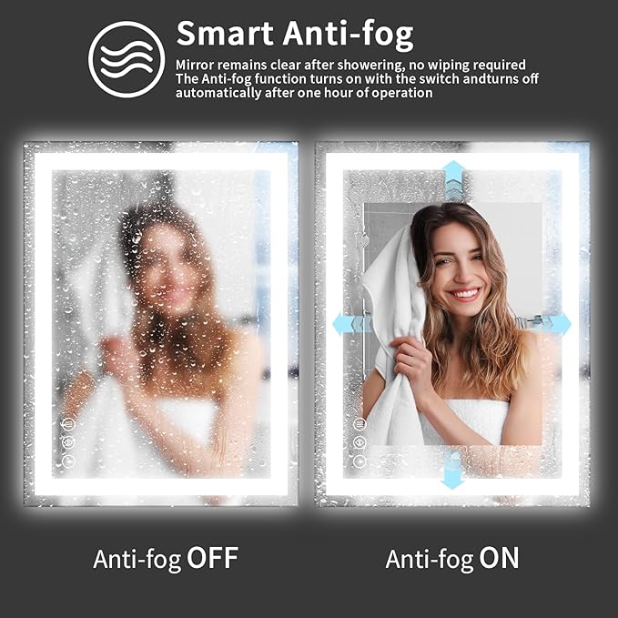 Koonmi 32"x48" LED Mirror for Bathroom, 90CRI Anti-Fog Vanity Mirror with Front and Backlight, Shatter-Proof Wall Mirror with Light, Easy Install Lighted Mirror for Modern Bathroom (IP65)