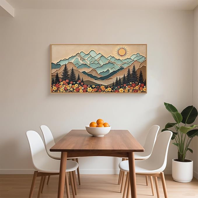 Large Wood Grain Mountain Framed Canvas Wall Art Set,Vintage Sunrise Forest Floral Wall Decor,Rustic Boho Natural Wilderness Art Printing for Living Room,Bedroom,Office-20 * 40"