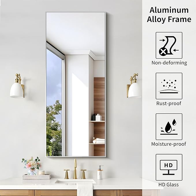 KOCUUY Silver Framed Mirror, 20"x48" Rectangle Bathroom Mirror for Wall, HD Tempered Glass, Anti-Rust Frame, Modern Design for Bathroom, Bedroom, Living Room, Entryway