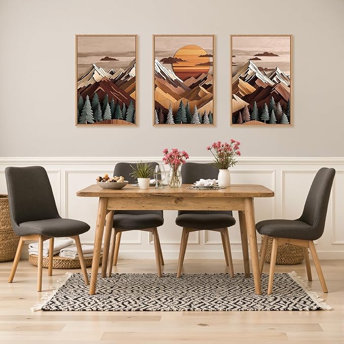 KAIRNE Mountain Framed Canvas Wall Art Set, Mountain Themed Wall Decor, Wooden Pine Tree Scene Wall Painting, Vintage Forest Landscape Art Prints for Living Room, Bedroom, Office 24"x36"x3
