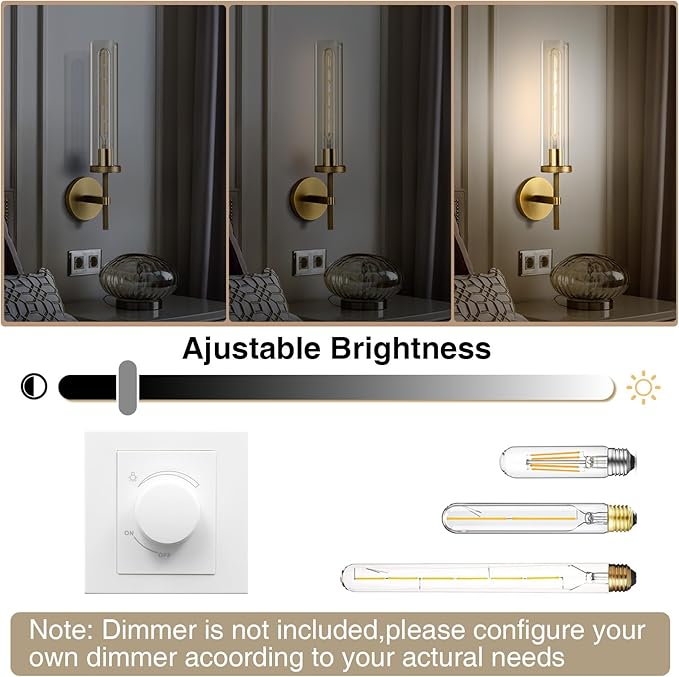 Brass Wall Sconce 19.48" Handcrafted Vintage Wall Lamp with Clear Glass Tube & Knurled Detailing, Sconce Lighting for Bedroom Bathroom Hallway Staircase Entryway, Dining Room Decor Lighting Fixture