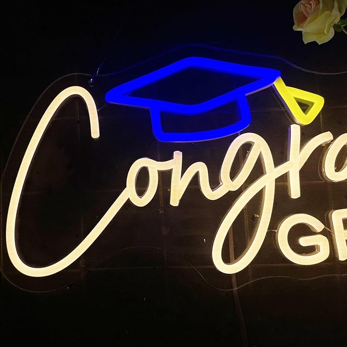 Congrats Grad Neon Sign with Graduation Cap, Warm White Grad Light Up Sign for Wall Decor, Adjustable Congrats Led Sign for Class of Party Room Dorm Backdrop Celebration Gifts