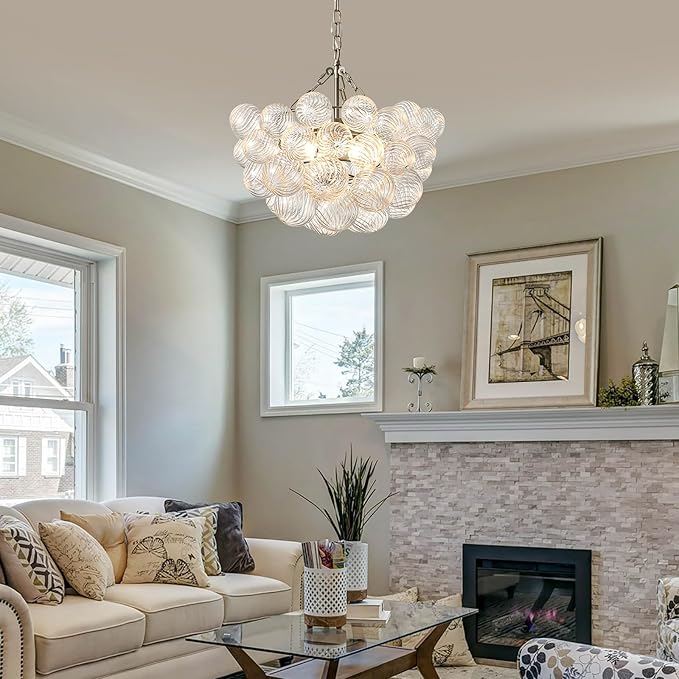 Nordic Bubble Ball Swirled Modern Chandelier,Dia 20 Inch Bubble Lighting, Nickel and Clear Glass Lighting with Chandelier Light,for Bedroom Study Restaurant