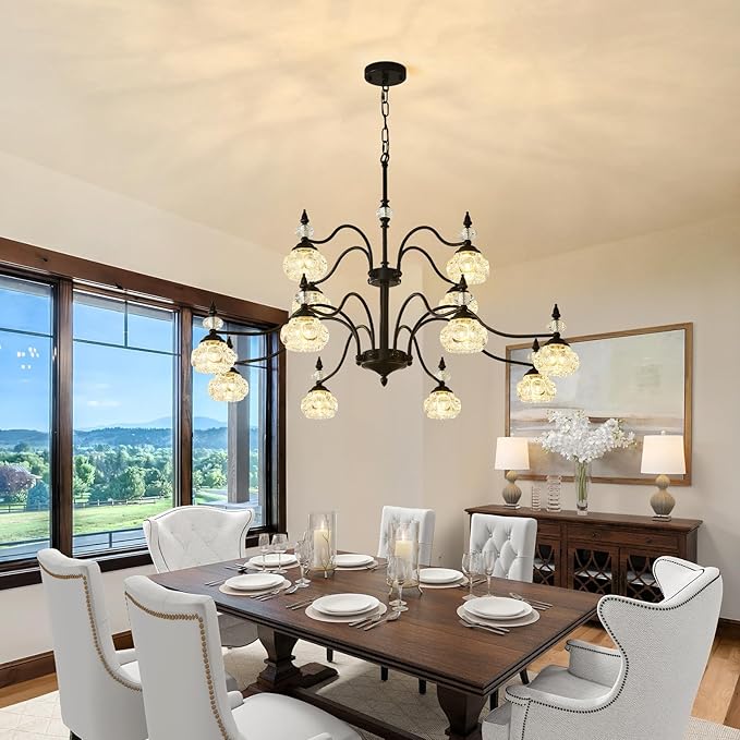 2 Tier Vintage Crystal Chandelier, 41-inch Black Victorian Chandelier 12-Light, Antique Pendant Light for Living Room, Bedroom, Dining Room, High Ceiling, G9